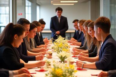 A corporate group participating in a fun team-building Ikebana workshop