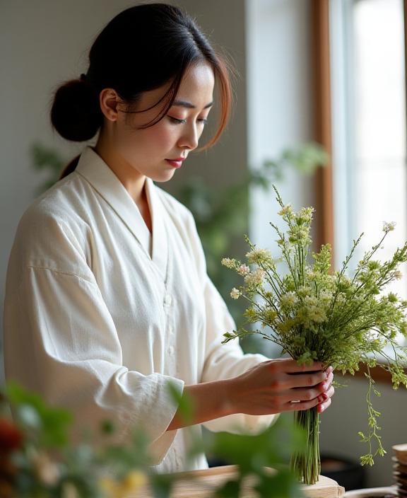 Founder of Iki Isles carefully arranging flowers